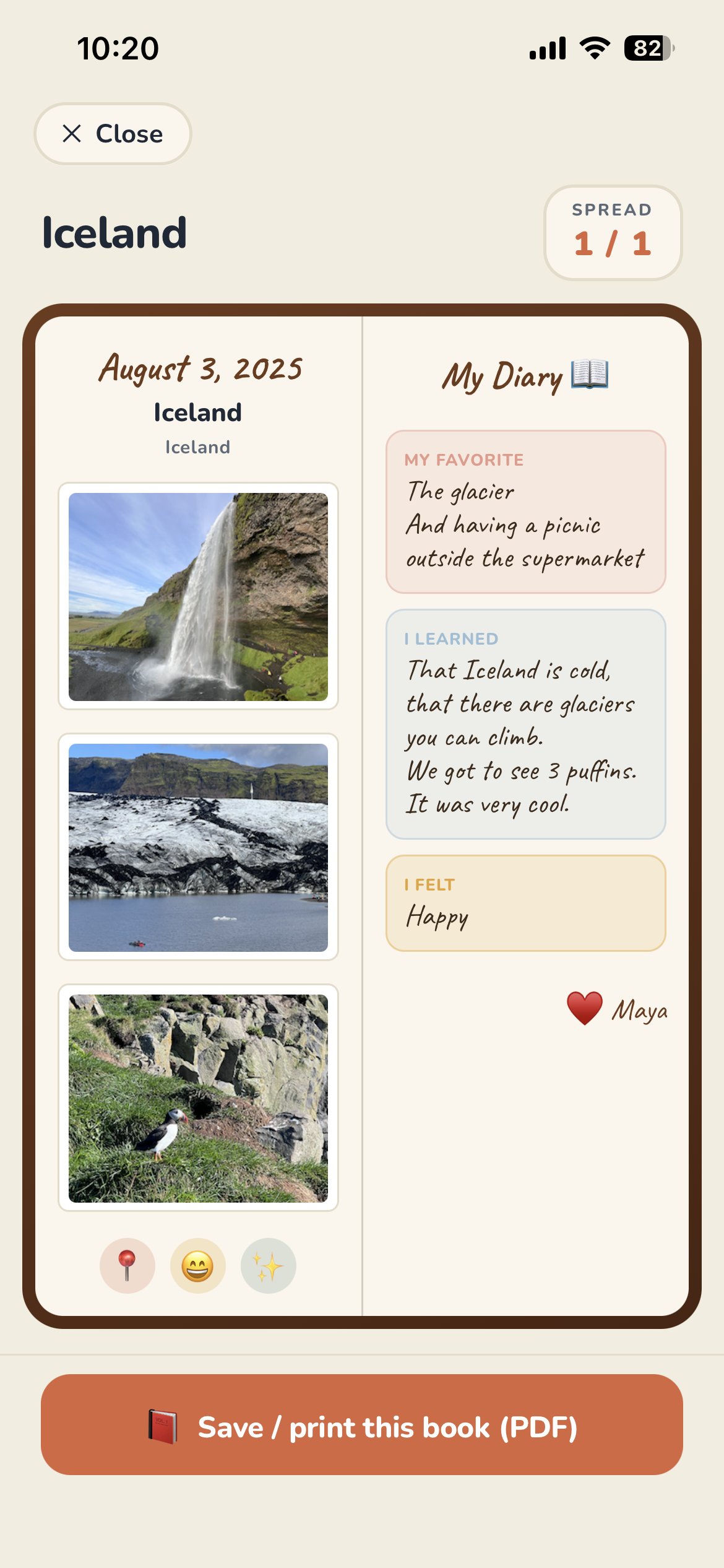 PockeTrip showing a child's travel diary entry for Iceland — photos of a waterfall and glaciers, a map pin, and a hand-written 'My Diary' note.